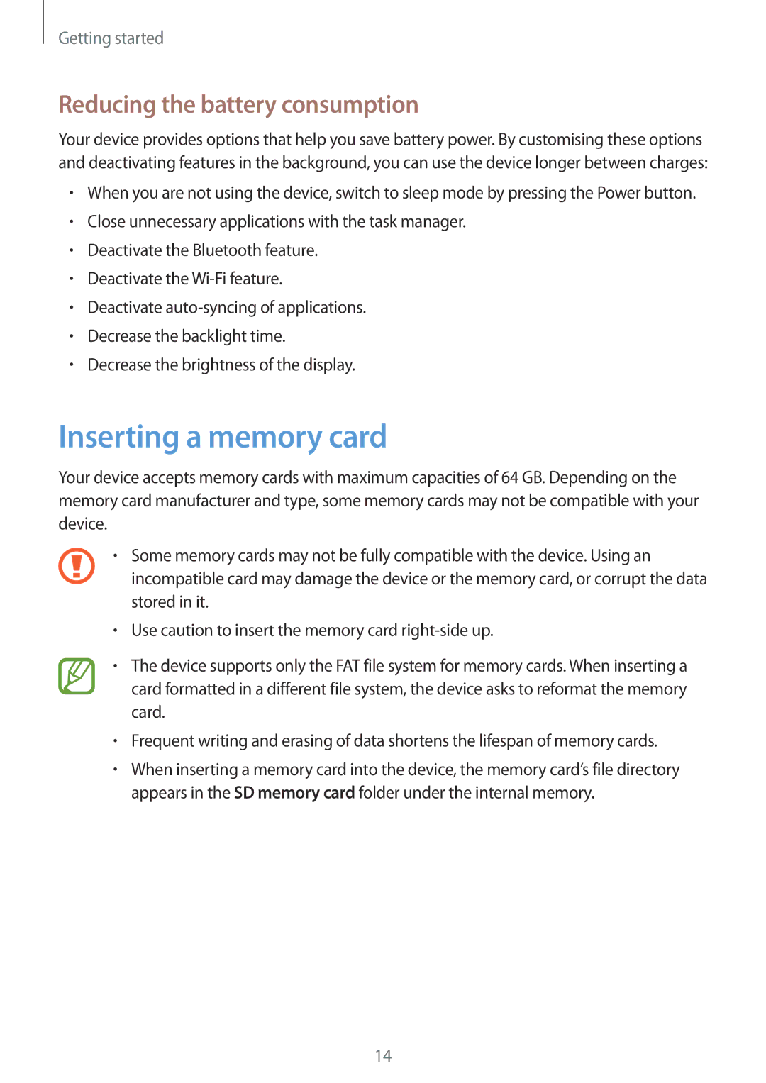 Samsung SM-T3150ZWENEE, SM-T3150ZWAVD2, SM-T3150ZWADBT manual Inserting a memory card, Reducing the battery consumption 