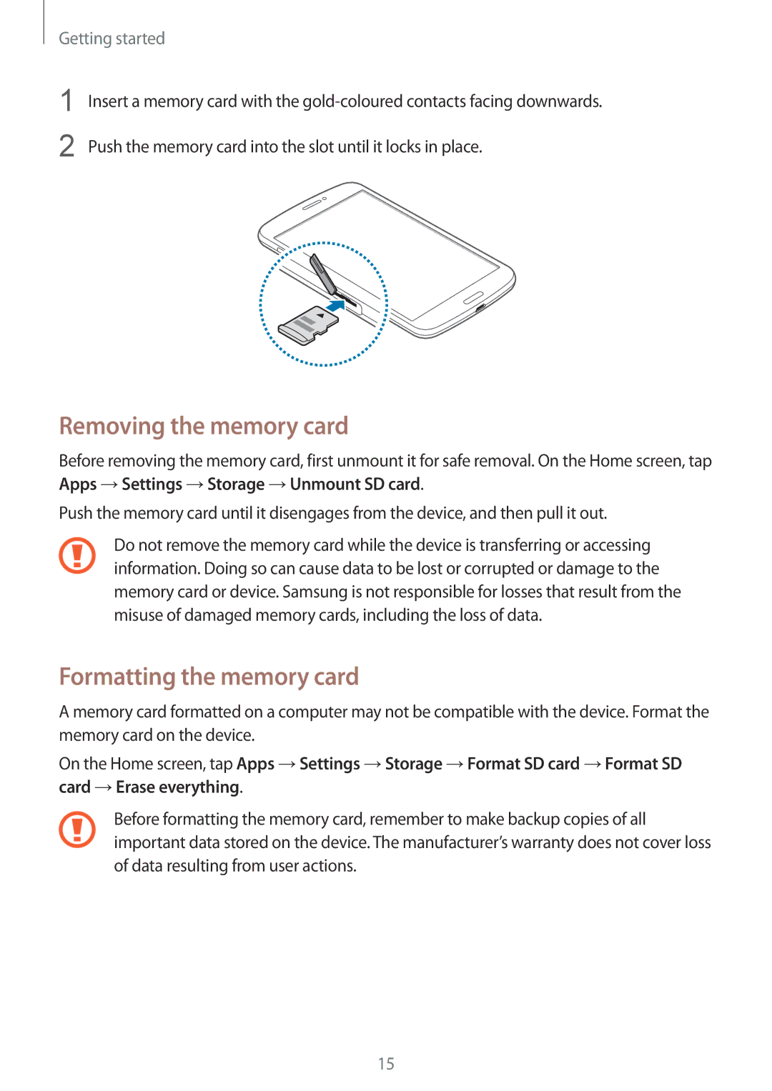 Samsung SM-T3150GNENEE, SM-T3150ZWAVD2, SM-T3150ZWADBT, SM-T3150ZWADTM Removing the memory card, Formatting the memory card 