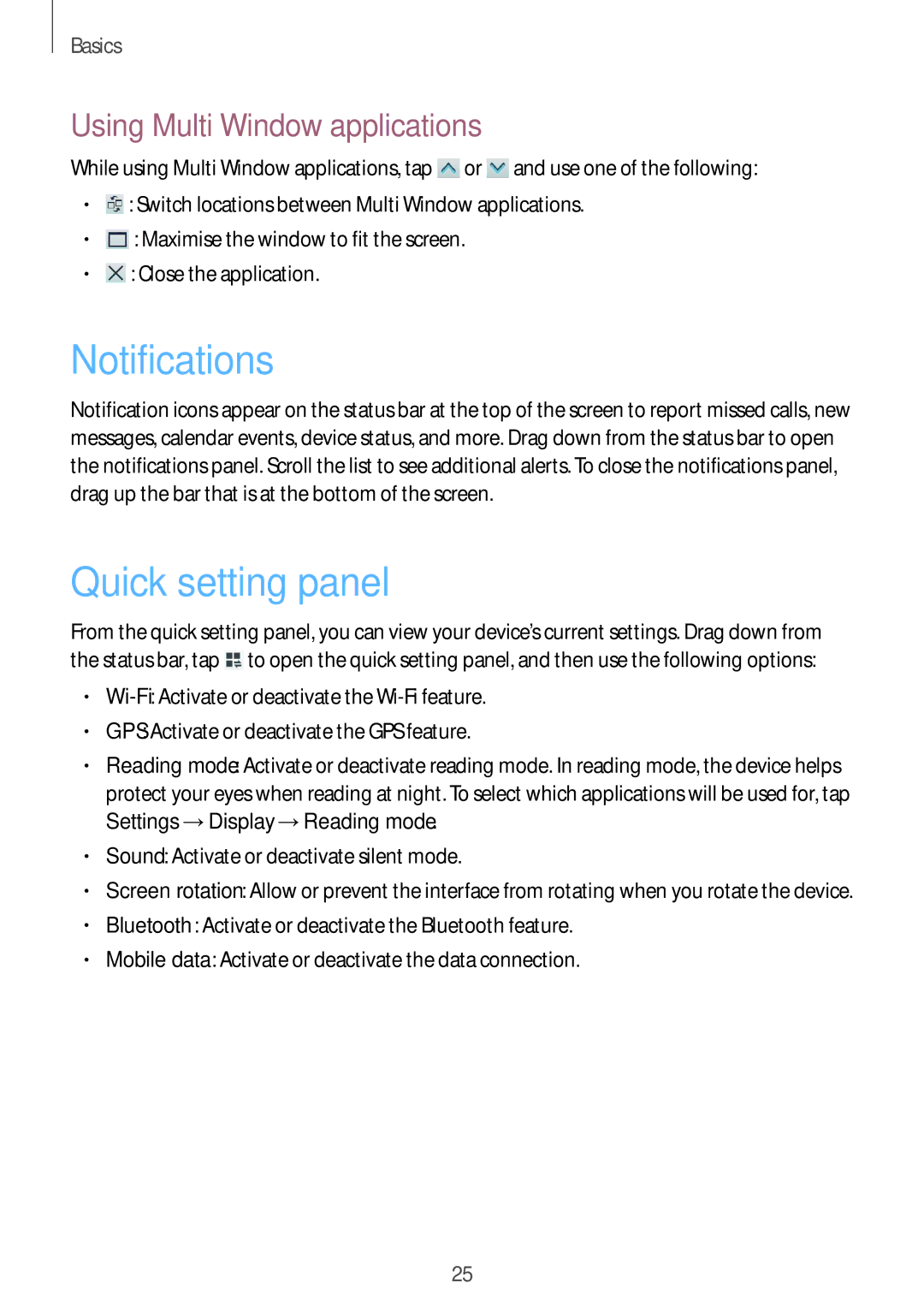 Samsung SM-T3150MKAPAN, SM-T3150ZWAVD2, SM-T3150ZWADBT Notifications, Quick setting panel, Using Multi Window applications 