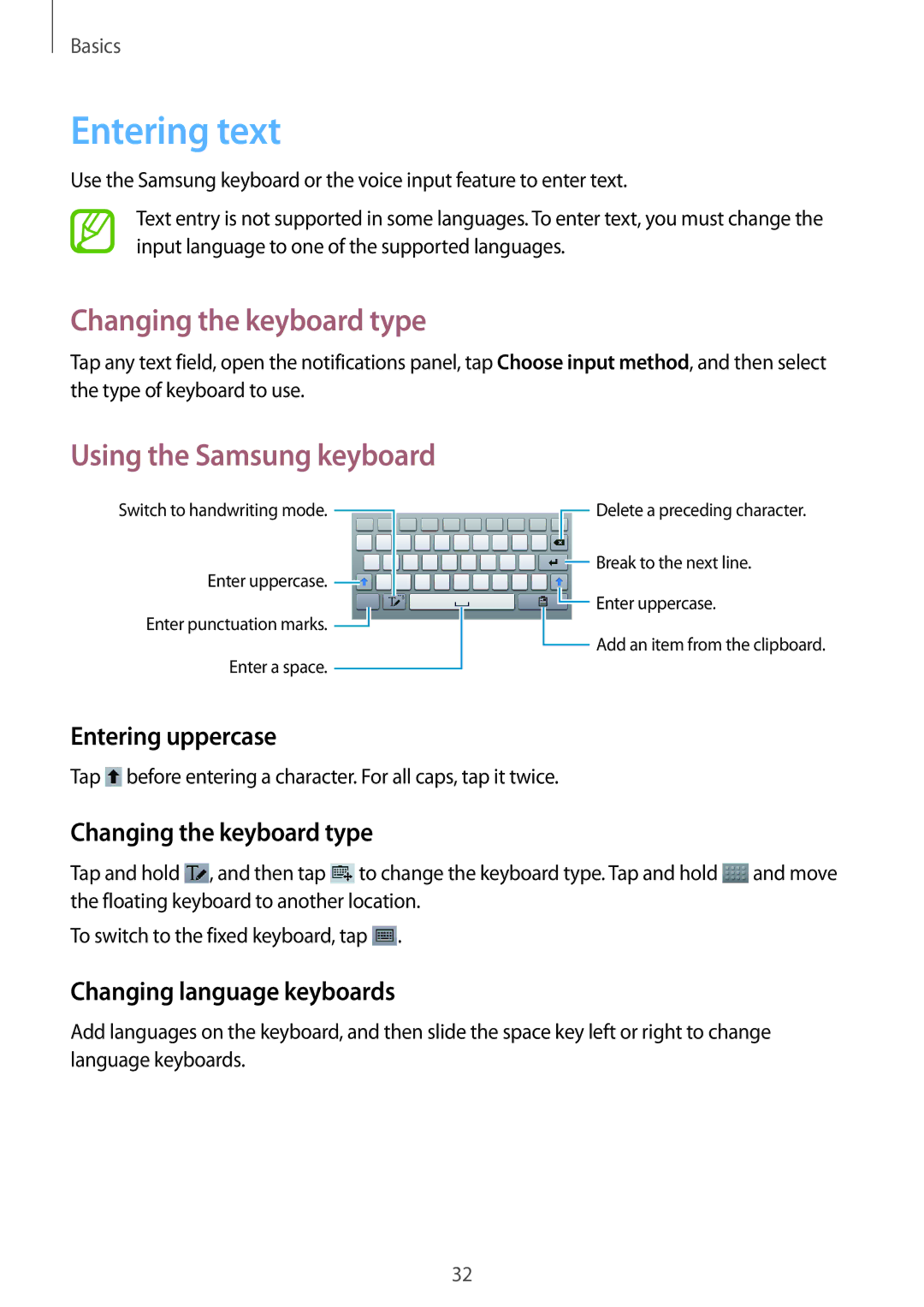 Samsung SM-T3150MKAXEF, SM-T3150ZWAVD2 manual Entering text, Changing the keyboard type, Using the Samsung keyboard 