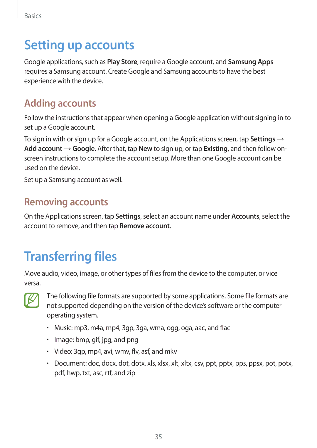 Samsung SM-T3150ZWAATL, SM-T3150ZWAVD2 manual Setting up accounts, Transferring files, Adding accounts, Removing accounts 