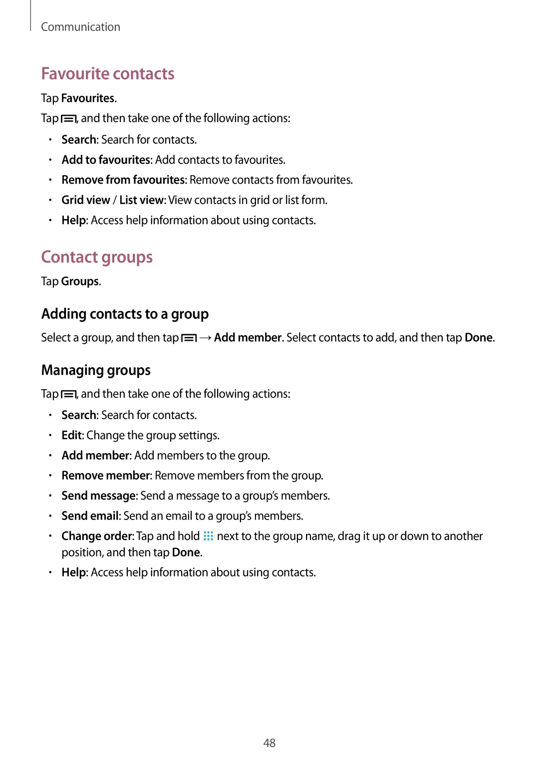Samsung SM-T3150ZWASEB, SM-T3150ZWAVD2 Favourite contacts, Contact groups, Adding contacts to a group, Managing groups 