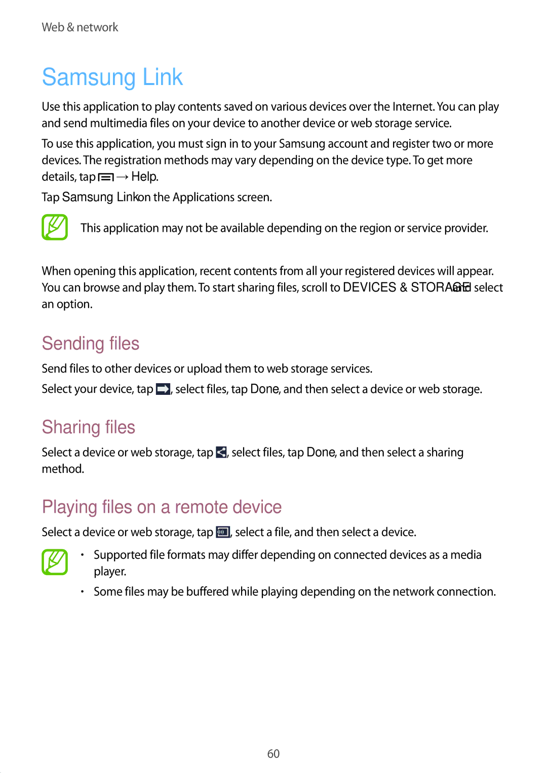Samsung SM-T3150ZWABOG, SM-T3150ZWAVD2 manual Samsung Link, Sending files, Sharing files, Playing files on a remote device 