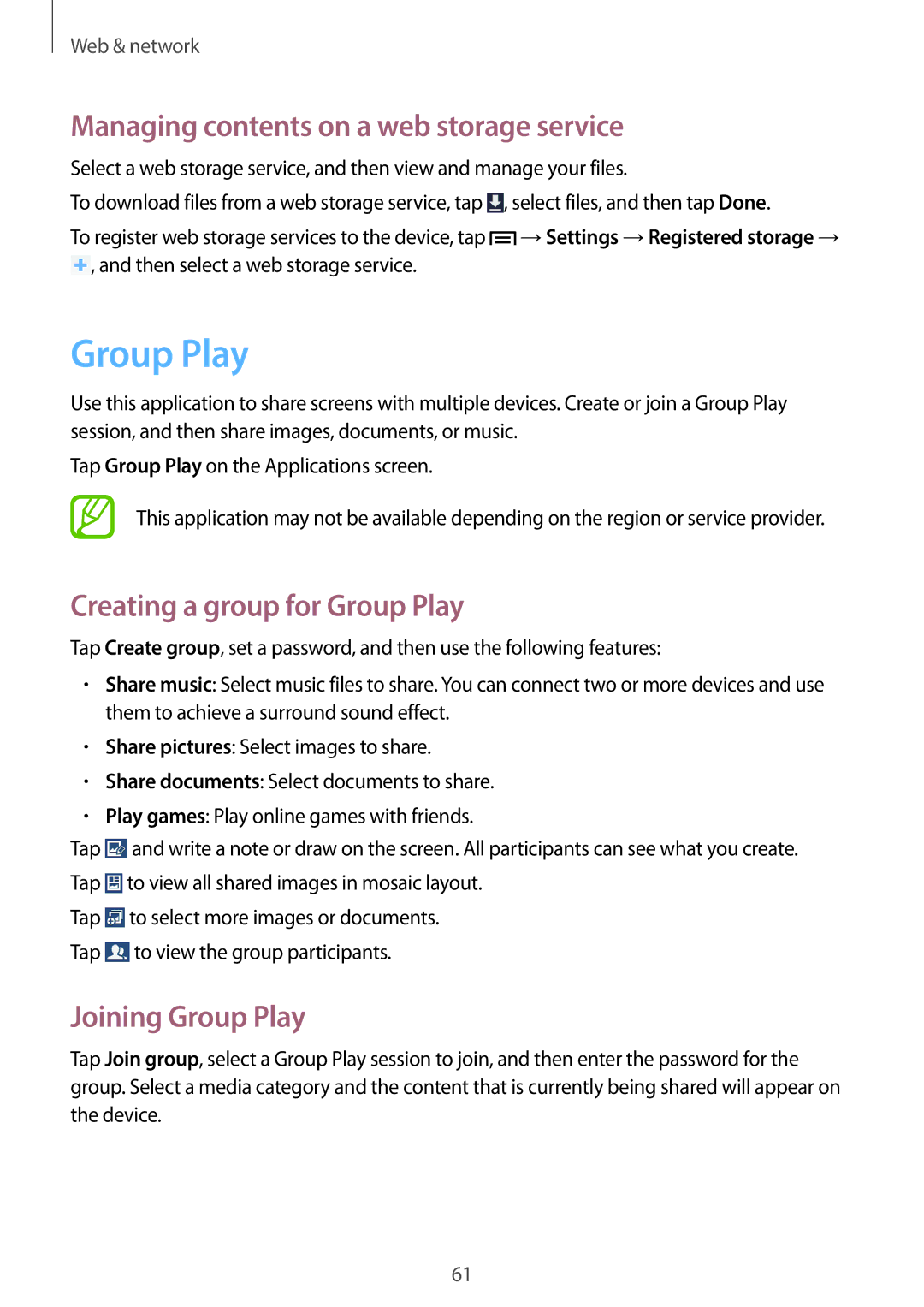 Samsung SM-T3150MKABOG Managing contents on a web storage service, Creating a group for Group Play, Joining Group Play 