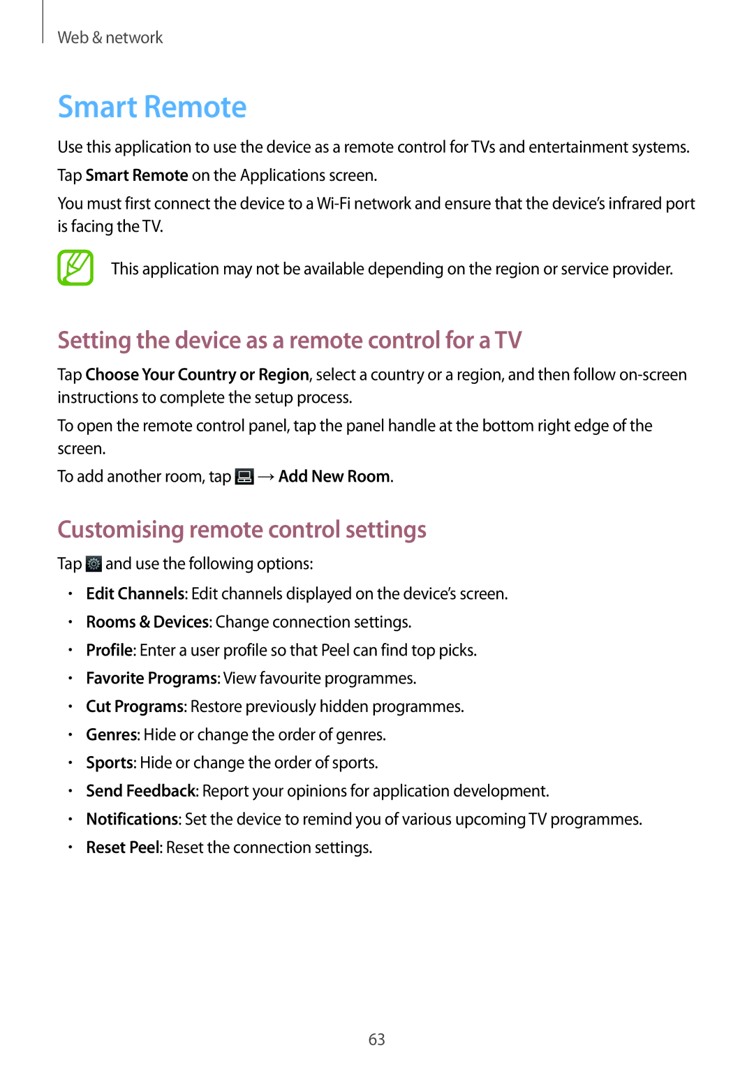 Samsung SM-T3150ZWACRO Smart Remote, Setting the device as a remote control for a TV, Customising remote control settings 