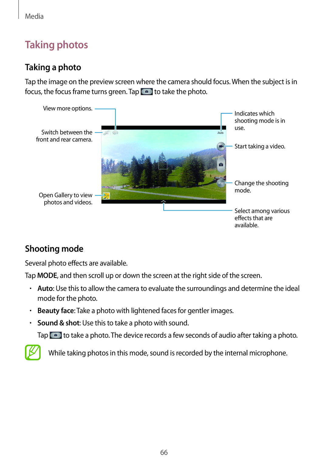 Samsung SM-T3150ZWAMAX, SM-T3150ZWAVD2, SM-T3150ZWADBT, SM-T3150ZWADTM manual Taking photos, Taking a photo, Shooting mode 