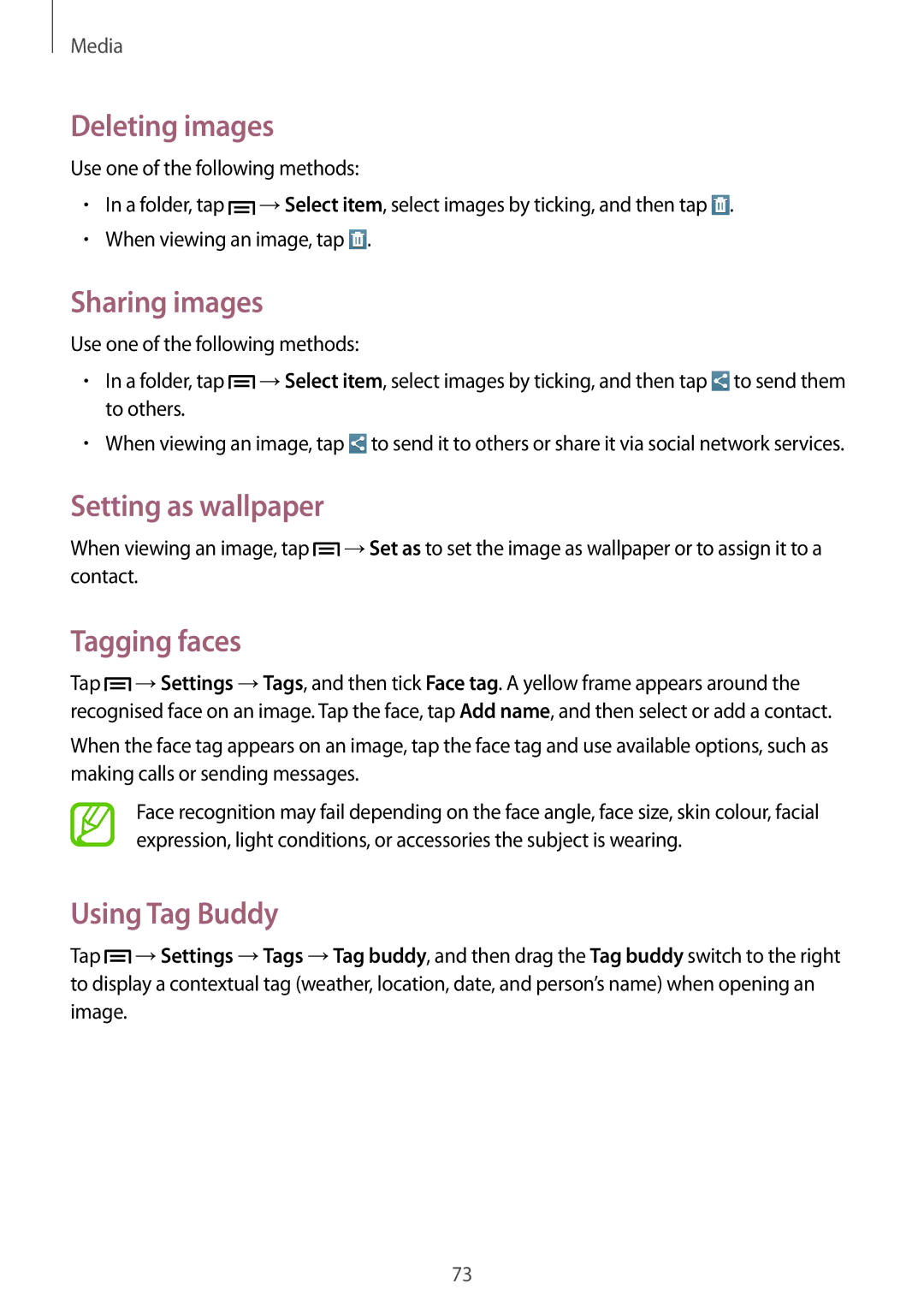 Samsung SM-T3150MKANEE manual Deleting images, Sharing images, Setting as wallpaper, Tagging faces, Using Tag Buddy 