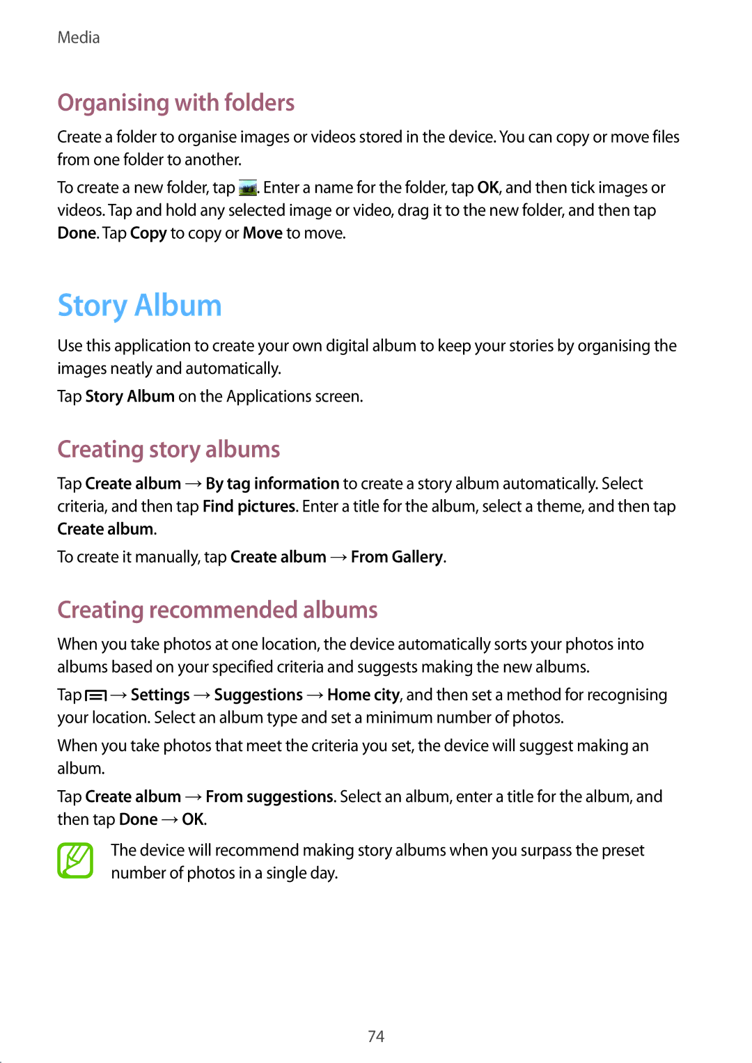 Samsung SM-T3150MKENEE, SM-T3150ZWAVD2, SM-T3150ZWADBT manual Story Album, Creating story albums, Creating recommended albums 