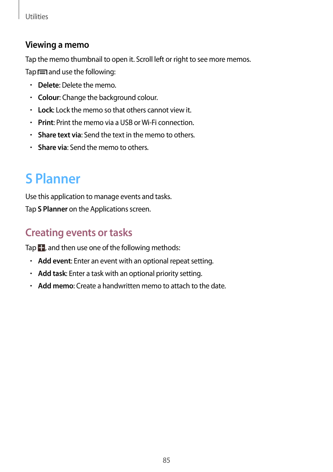 Samsung SM-T3150ZWAXEF, SM-T3150ZWAVD2, SM-T3150ZWADBT, SM-T3150ZWADTM Planner, Creating events or tasks, Viewing a memo 