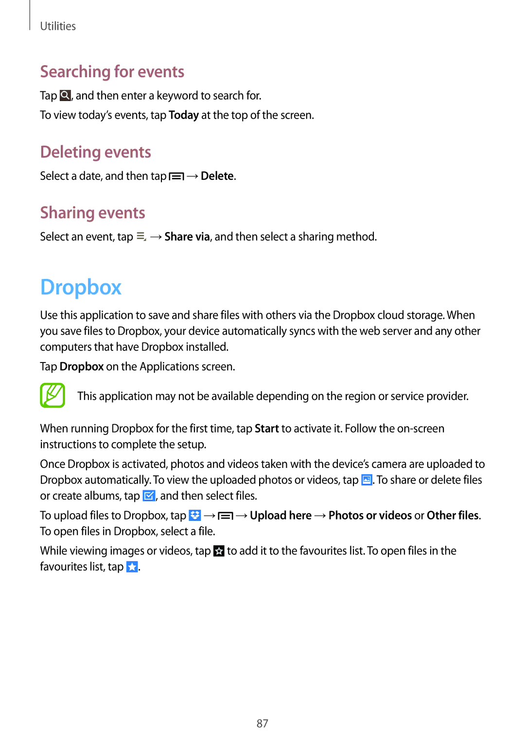Samsung SM-T3150ZWABOG, SM-T3150ZWAVD2, SM-T3150ZWADBT manual Dropbox, Searching for events, Deleting events, Sharing events 