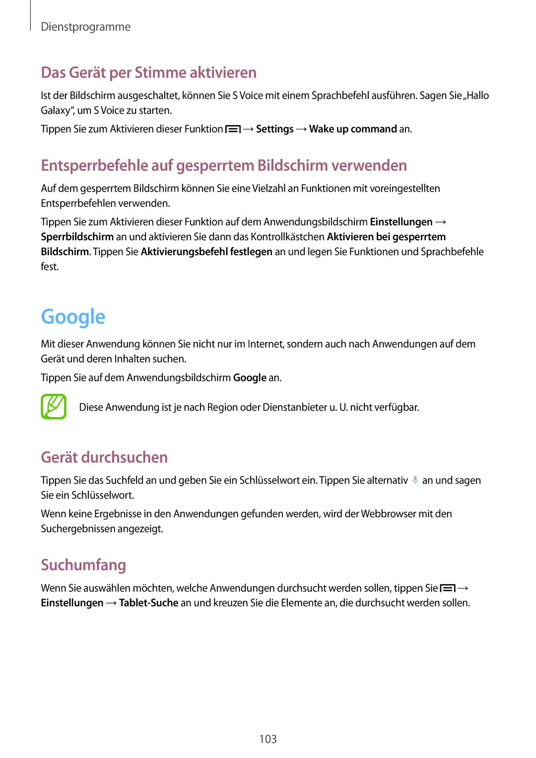 Samsung SM-T3150MKADBT manual Google, Das Gerät per Stimme aktivieren, Entsperrbefehle auf gesperrtem Bildschirm verwenden 
