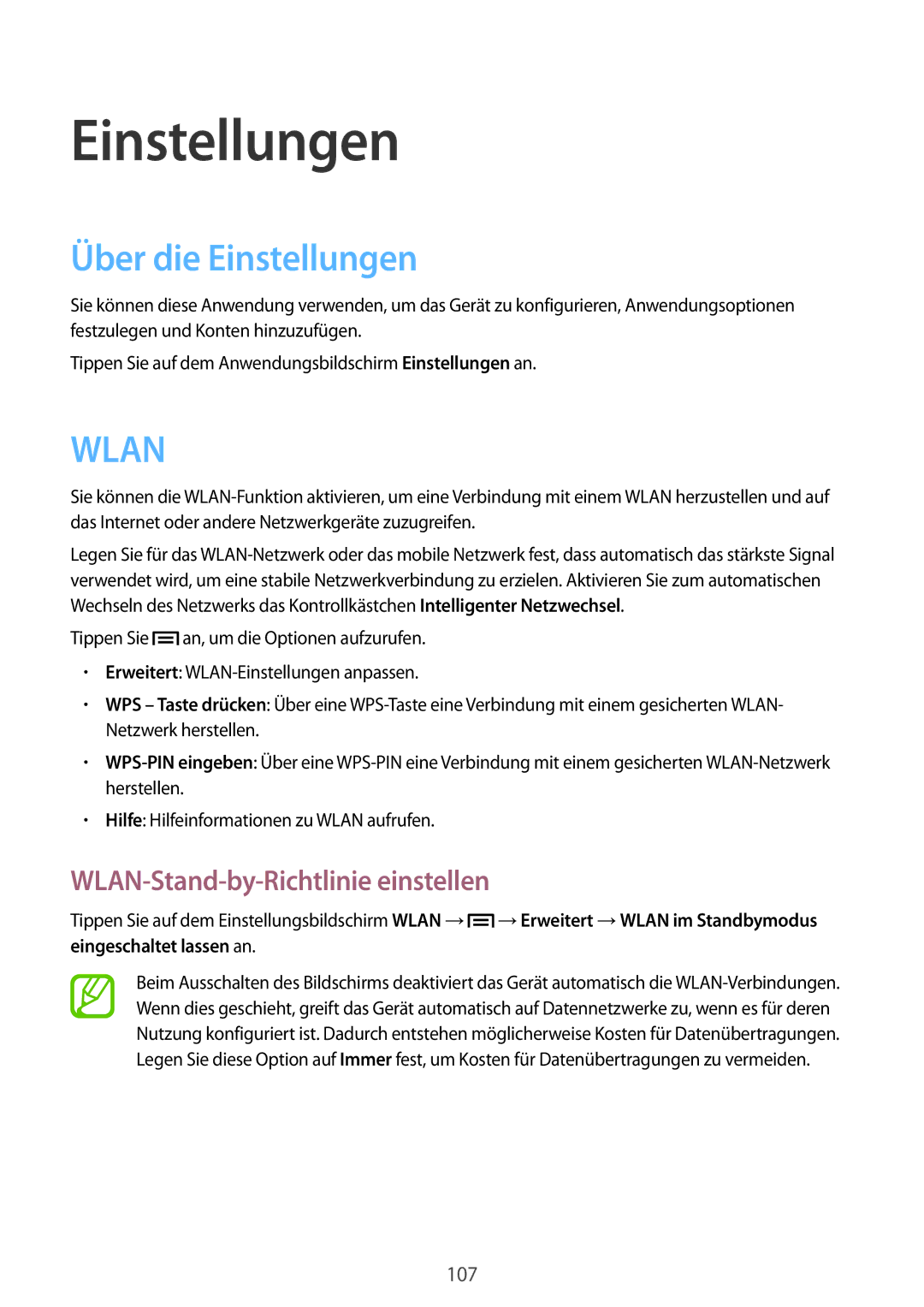 Samsung SM-T3150ZWADTM manual Über die Einstellungen, WLAN-Stand-by-Richtlinie einstellen, Eingeschaltet lassen an 