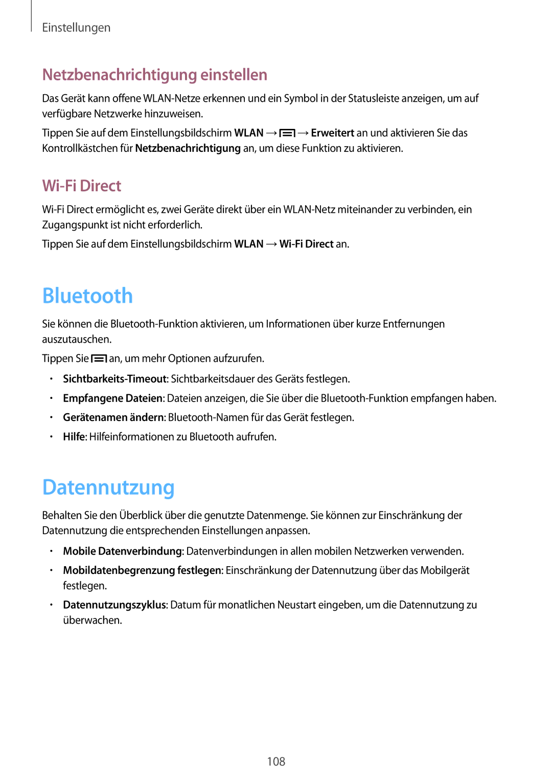 Samsung SM-T3150MKADBT, SM-T3150ZWAVD2, SM-T3150ZWADBT manual Datennutzung, Netzbenachrichtigung einstellen, Wi-Fi Direct 