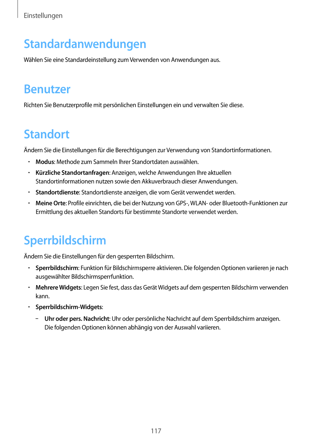 Samsung SM-T3150ZWADTM, SM-T3150ZWAVD2, SM-T3150ZWADBT Standardanwendungen, Benutzer, Standort, Sperrbildschirm-Widgets 