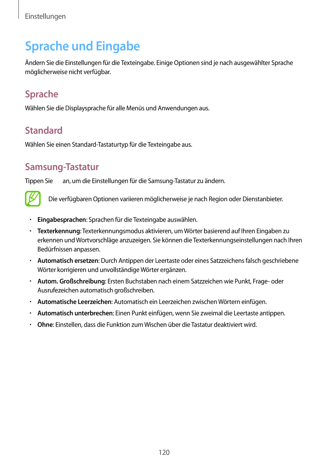 Samsung SM-T3150ZWAVD2, SM-T3150ZWADBT, SM-T3150ZWADTM, SM-T3150MKADBT manual Sprache und Eingabe, Standard, Samsung-Tastatur 