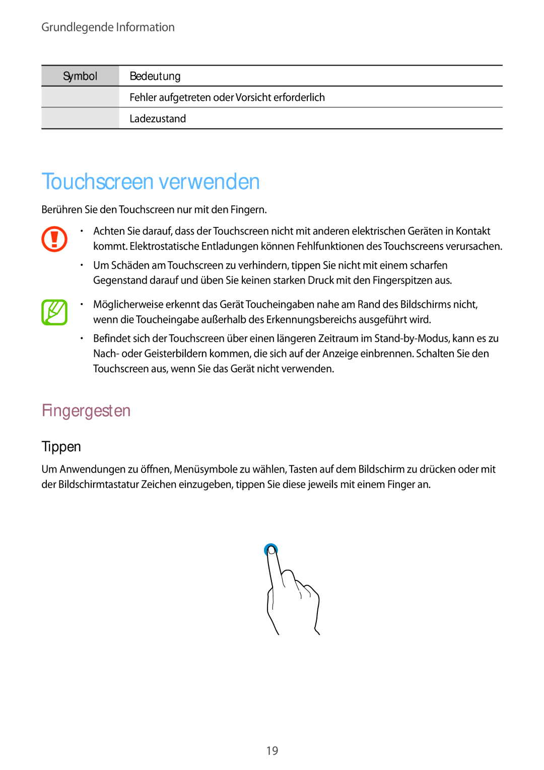 Samsung SM-T3150ZWABOG, SM-T3150ZWAVD2, SM-T3150ZWADBT, SM-T3150ZWADTM manual Touchscreen verwenden, Fingergesten, Tippen 