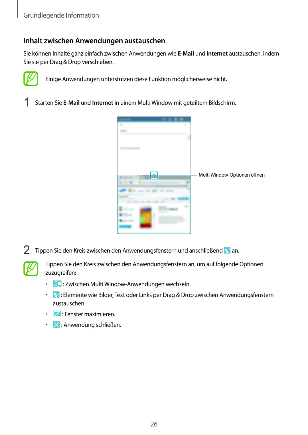 Samsung SM-T3150ZWADBT, SM-T3150ZWAVD2, SM-T3150ZWADTM, SM-T3150MKADBT manual Inhalt zwischen Anwendungen austauschen 