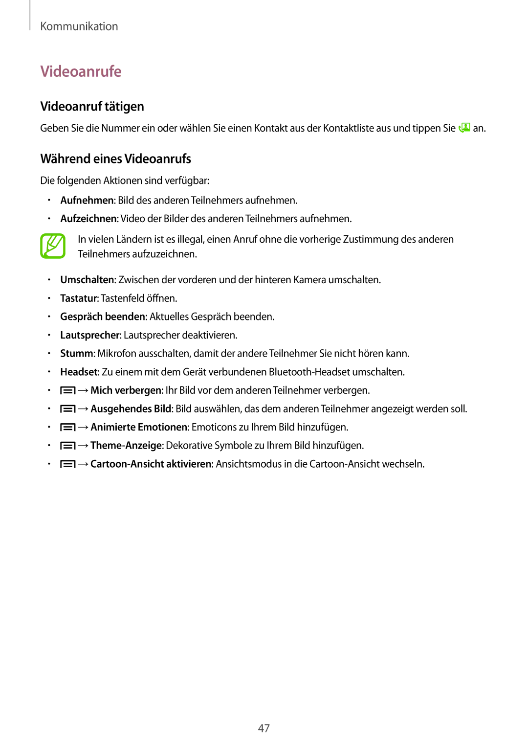 Samsung SM-T3150ZWADTM, SM-T3150ZWAVD2, SM-T3150ZWADBT manual Videoanrufe, Videoanruf tätigen, Während eines Videoanrufs 