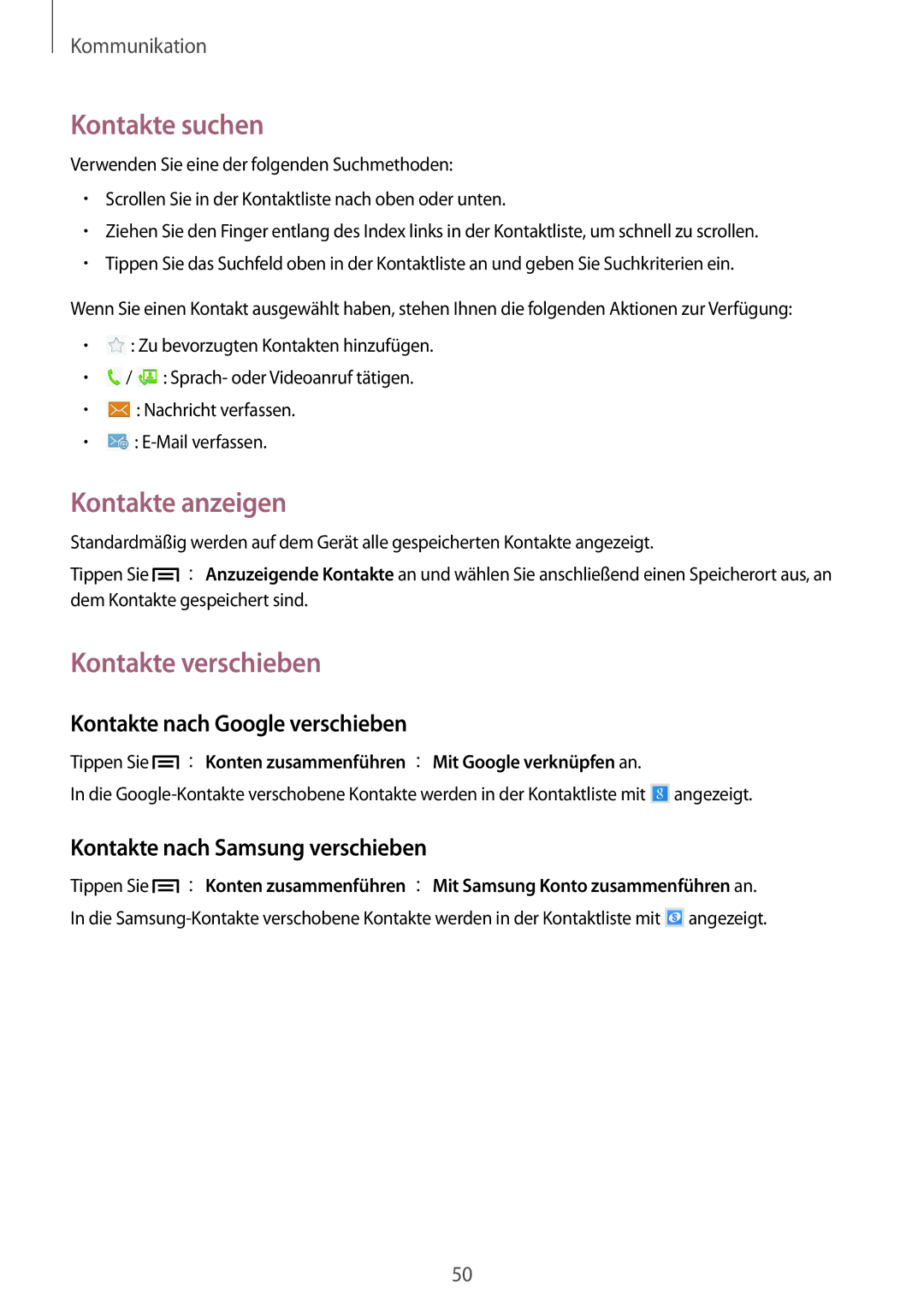 Samsung SM-T3150ZWAVD2 manual Kontakte suchen, Kontakte anzeigen, Kontakte verschieben, Kontakte nach Google verschieben 