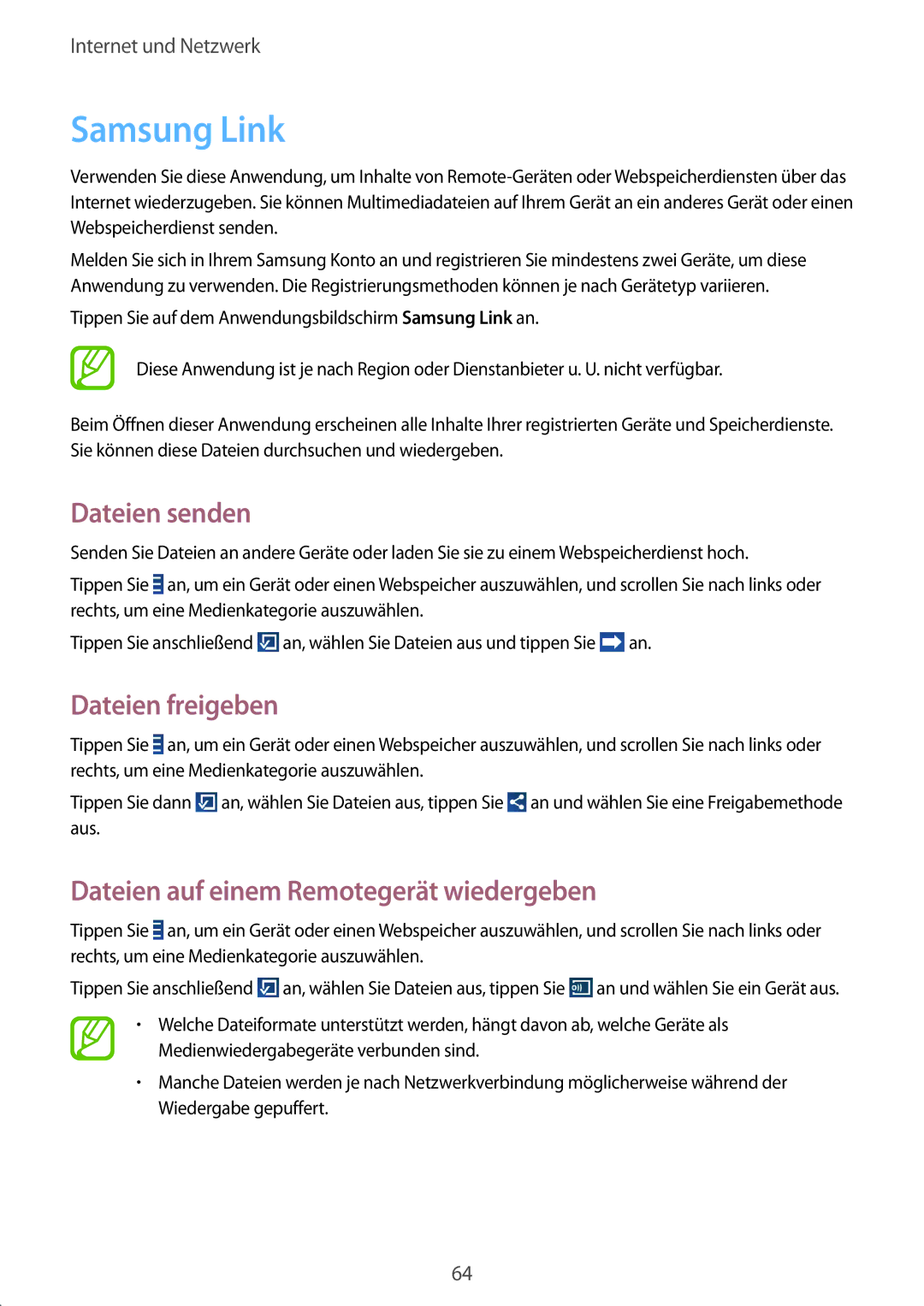 Samsung SM-T3150ZWABOG manual Samsung Link, Dateien senden, Dateien freigeben, Dateien auf einem Remotegerät wiedergeben 