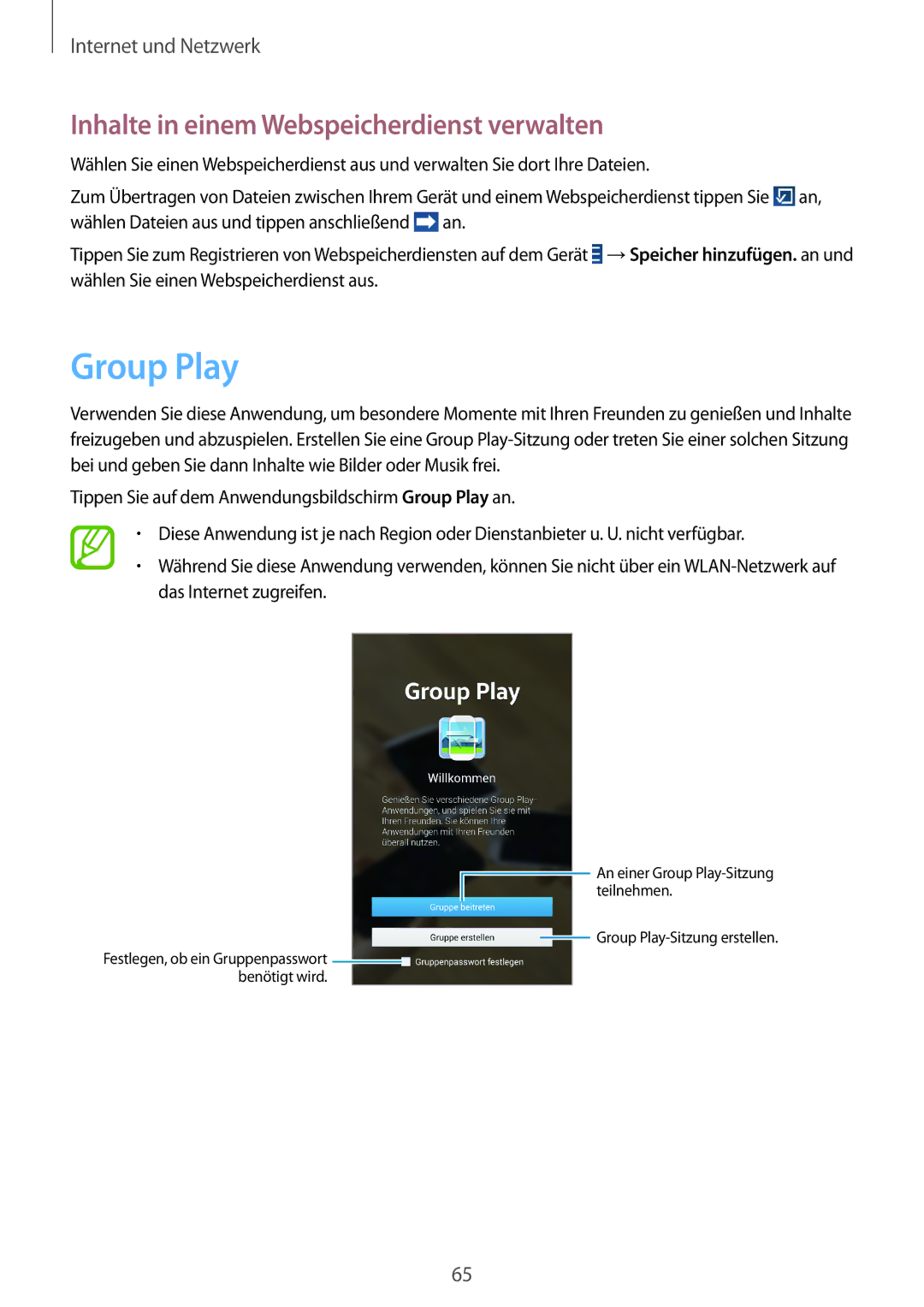 Samsung SM-T3150ZWAVD2, SM-T3150ZWADBT, SM-T3150ZWADTM manual Group Play, Inhalte in einem Webspeicherdienst verwalten 