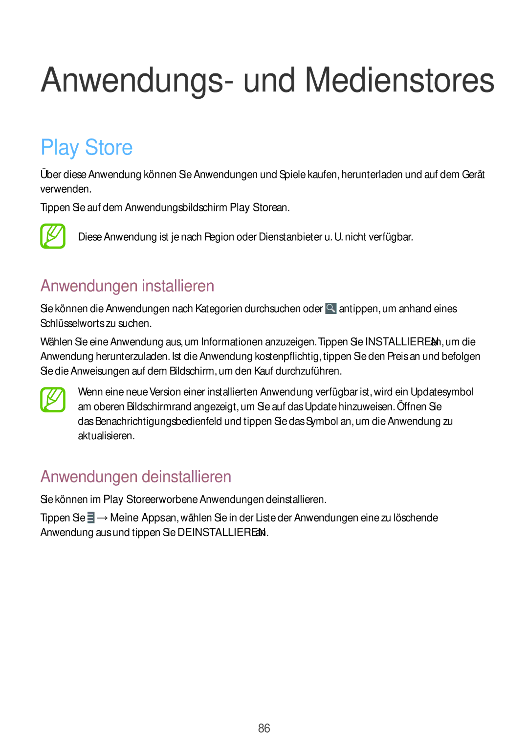 Samsung SM-T3150ZWADBT, SM-T3150ZWAVD2, SM-T3150ZWADTM, SM-T3150MKADBT manual Anwendungs- und Medienstores, Play Store 