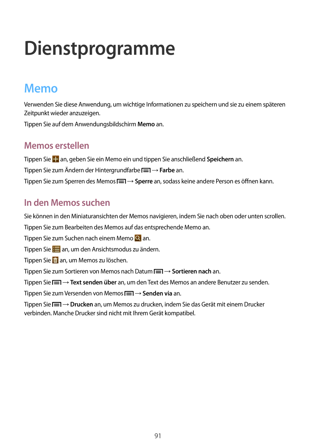 Samsung SM-T3150ZWADBT, SM-T3150ZWAVD2, SM-T3150ZWADTM manual Dienstprogramme, Memos erstellen, Den Memos suchen 