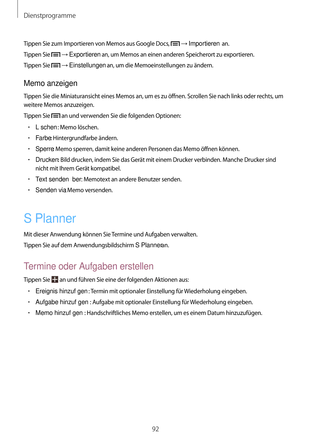 Samsung SM-T3150ZWADTM, SM-T3150ZWAVD2, SM-T3150ZWADBT manual Planner, Termine oder Aufgaben erstellen, Memo anzeigen 