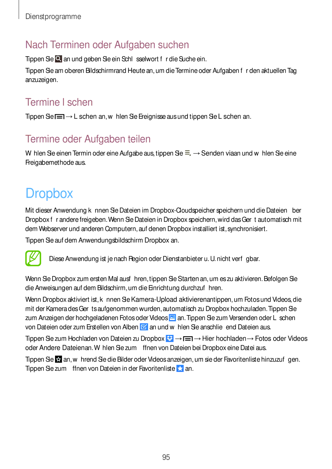 Samsung SM-T3150ZWAVD2 manual Dropbox, Nach Terminen oder Aufgaben suchen, Termine löschen, Termine oder Aufgaben teilen 