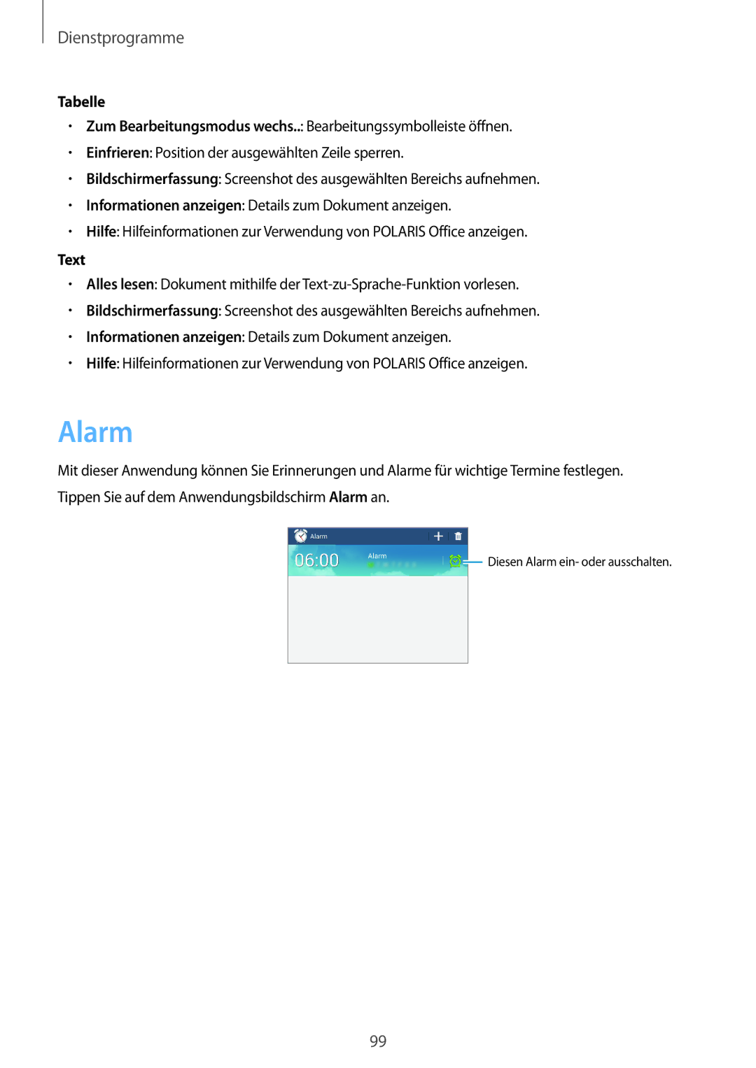 Samsung SM-T3150ZWABOG, SM-T3150ZWAVD2, SM-T3150ZWADBT, SM-T3150ZWADTM, SM-T3150MKADBT manual Alarm, Tabelle, Text 