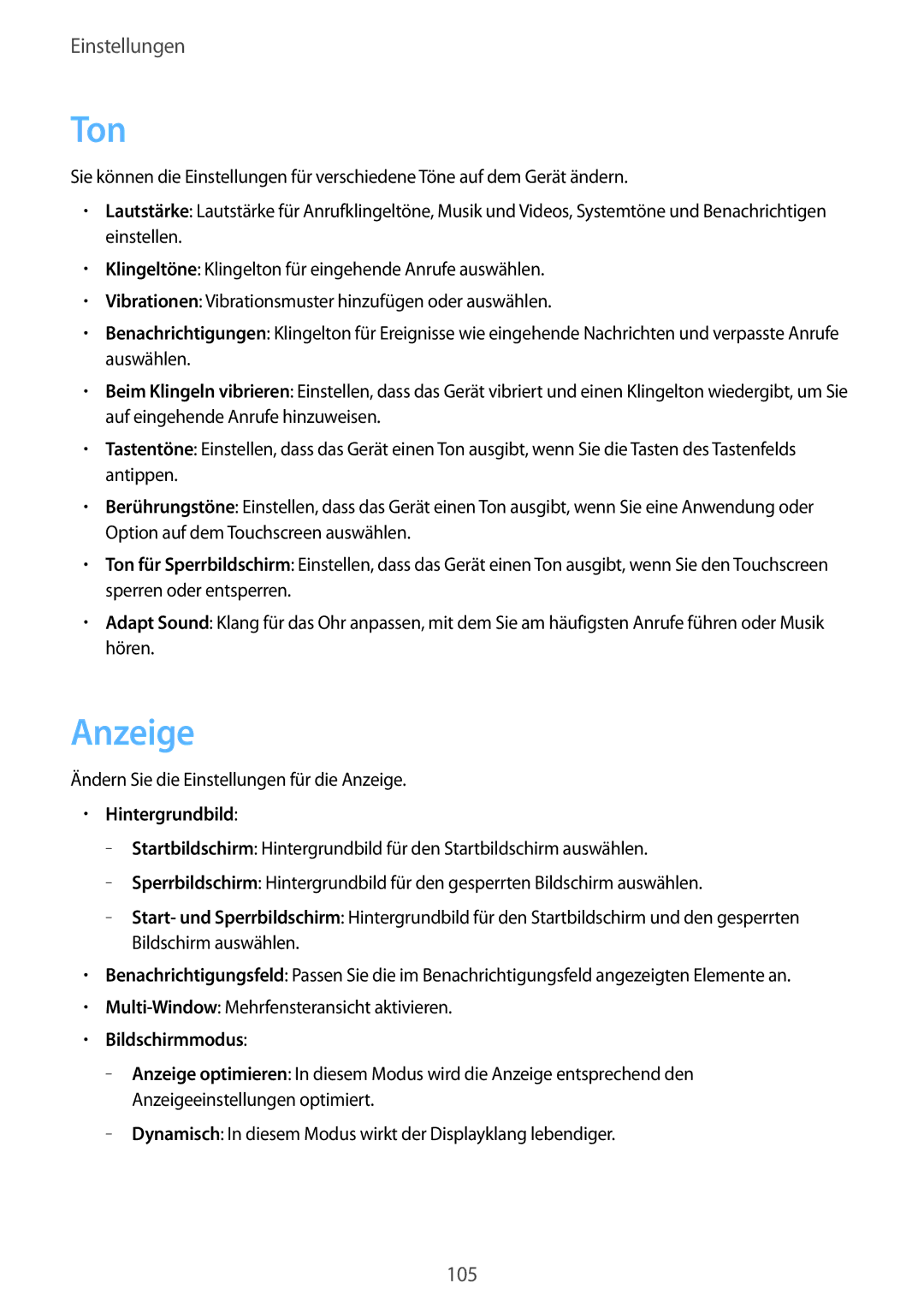 Samsung SM-T3150ZWAVD2, SM-T3150ZWADBT, SM-T3150ZWADTM, SM-T3150MKADBT manual Ton, Anzeige, Hintergrundbild, Bildschirmmodus 