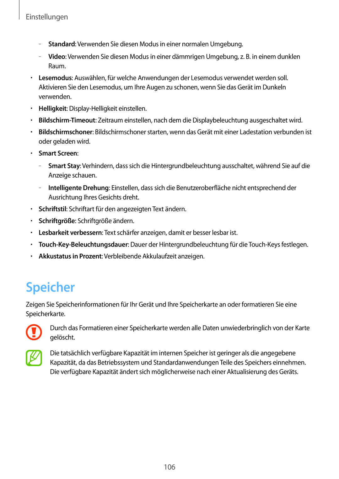 Samsung SM-T3150ZWADBT, SM-T3150ZWAVD2, SM-T3150ZWADTM, SM-T3150MKADBT, SM-T3150ZWABOG manual Speicher, Smart Screen 