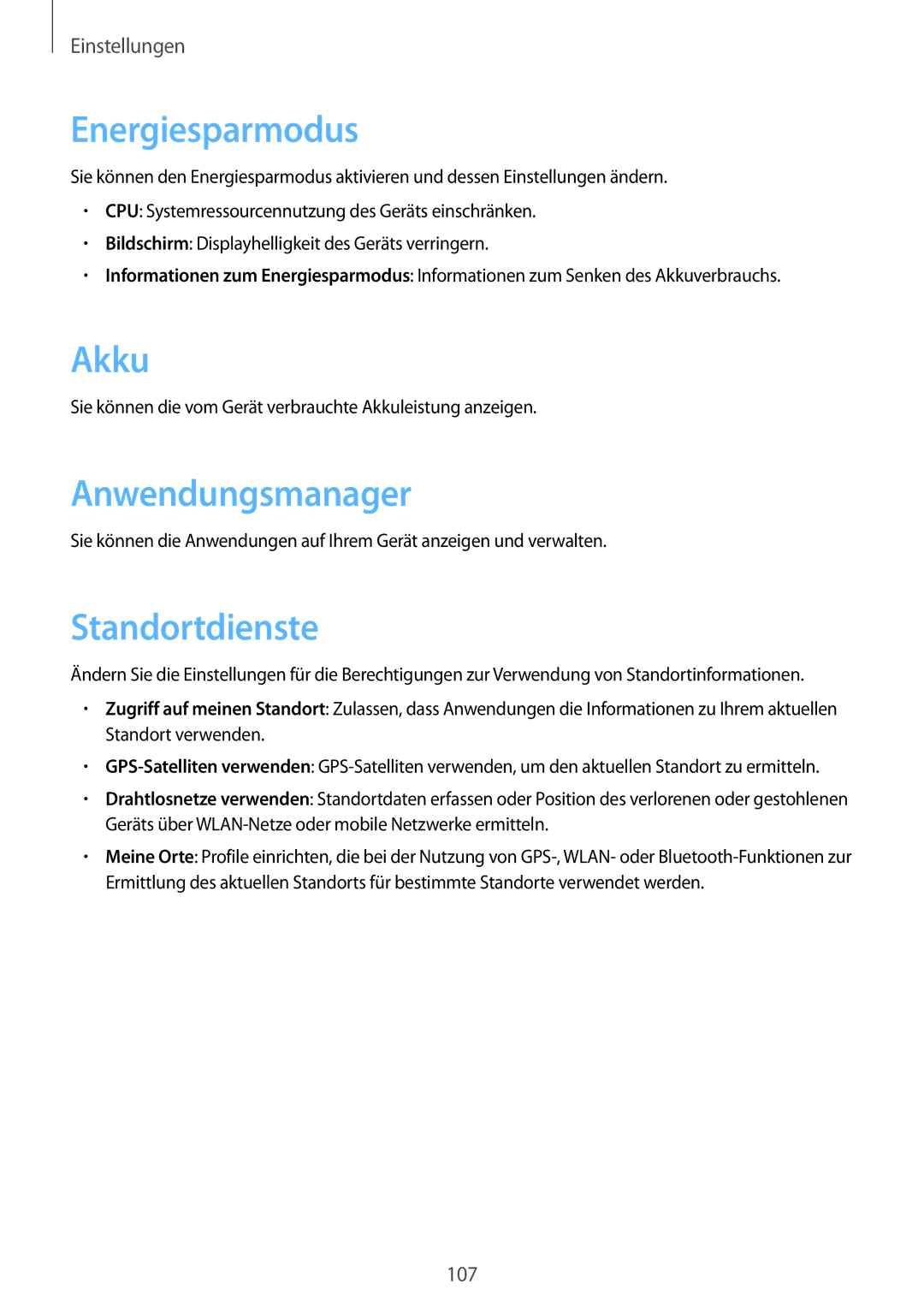 Samsung SM-T3150ZWADTM, SM-T3150ZWAVD2, SM-T3150ZWADBT manual Energiesparmodus, Akku, Anwendungsmanager, Standortdienste 