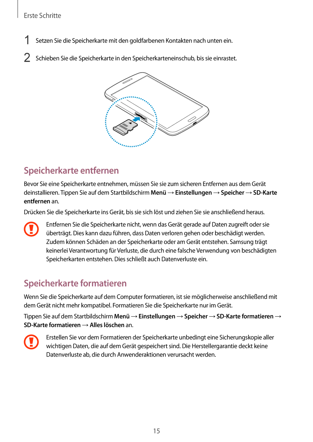 Samsung SM-T3150ZWAVD2, SM-T3150ZWADBT, SM-T3150ZWADTM, SM-T3150MKADBT Speicherkarte entfernen, Speicherkarte formatieren 