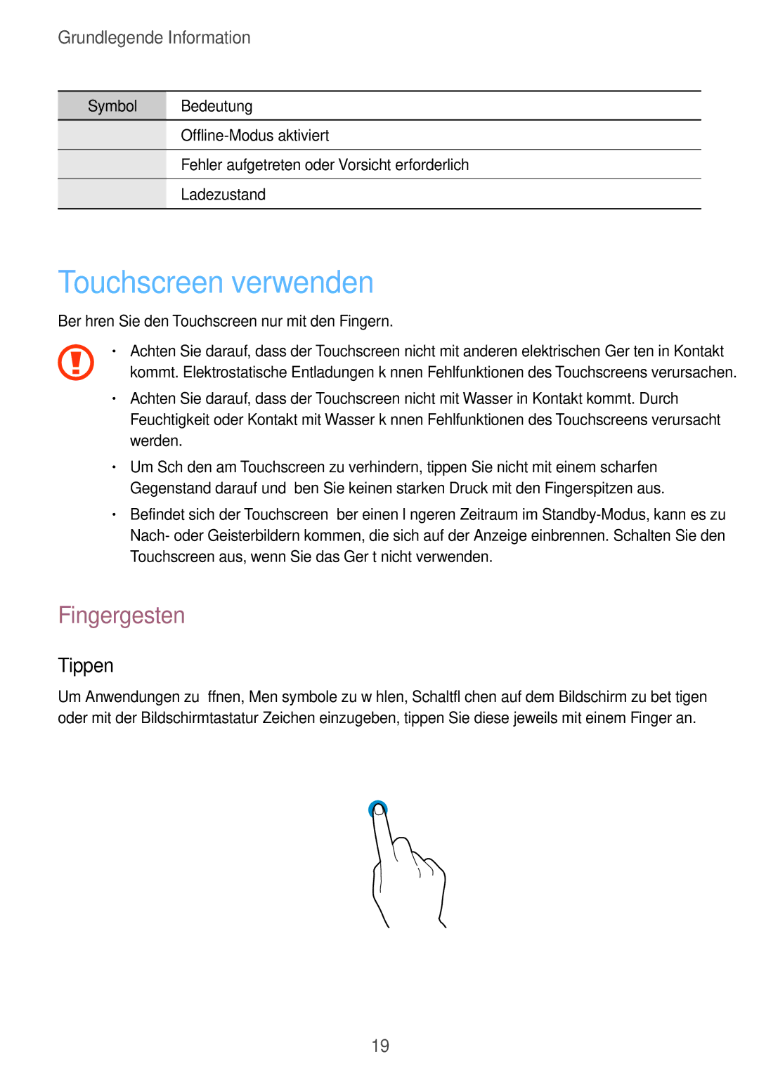 Samsung SM-T3150ZWABOG, SM-T3150ZWAVD2, SM-T3150ZWADBT, SM-T3150ZWADTM manual Touchscreen verwenden, Fingergesten, Tippen 