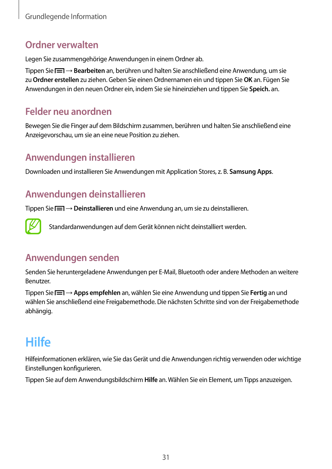Samsung SM-T3150ZWADBT Hilfe, Ordner verwalten, Anwendungen installieren, Anwendungen deinstallieren, Anwendungen senden 