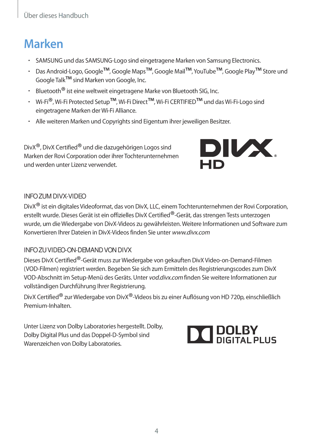 Samsung SM-T3150ZWABOG, SM-T3150ZWAVD2, SM-T3150ZWADBT manual Marken, Info ZUM DIVX-VIDEO Info ZU VIDEO-ON-DEMAND VON Divx 