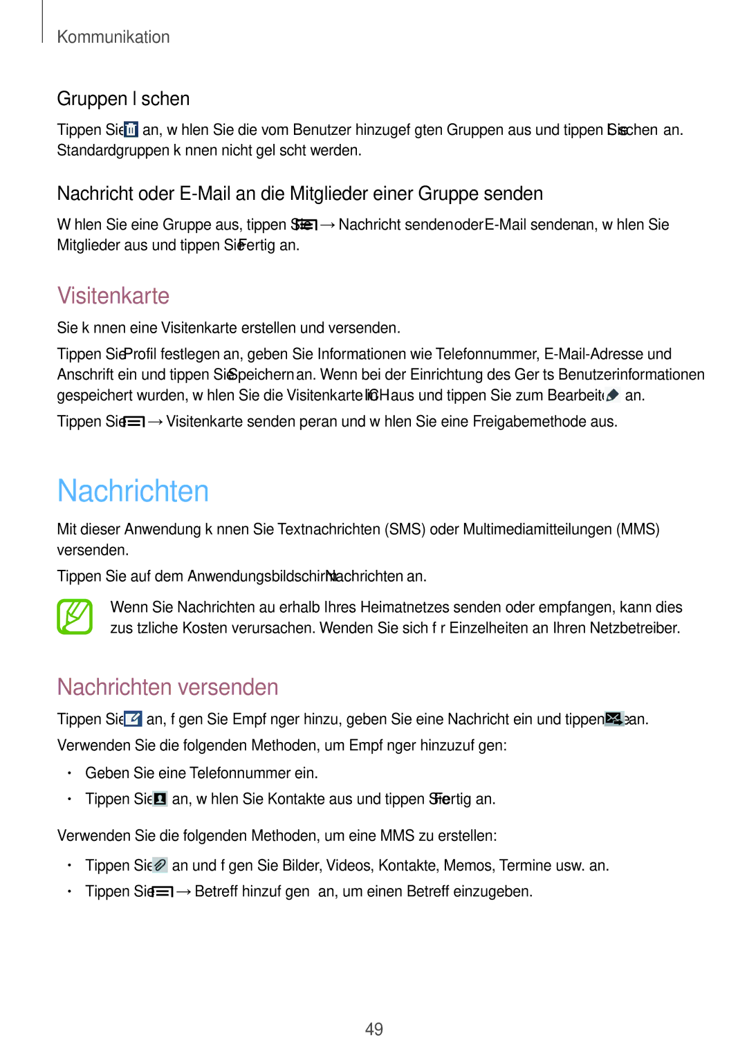 Samsung SM-T3150ZWABOG, SM-T3150ZWAVD2, SM-T3150ZWADBT manual Visitenkarte, Nachrichten versenden, Gruppen löschen 