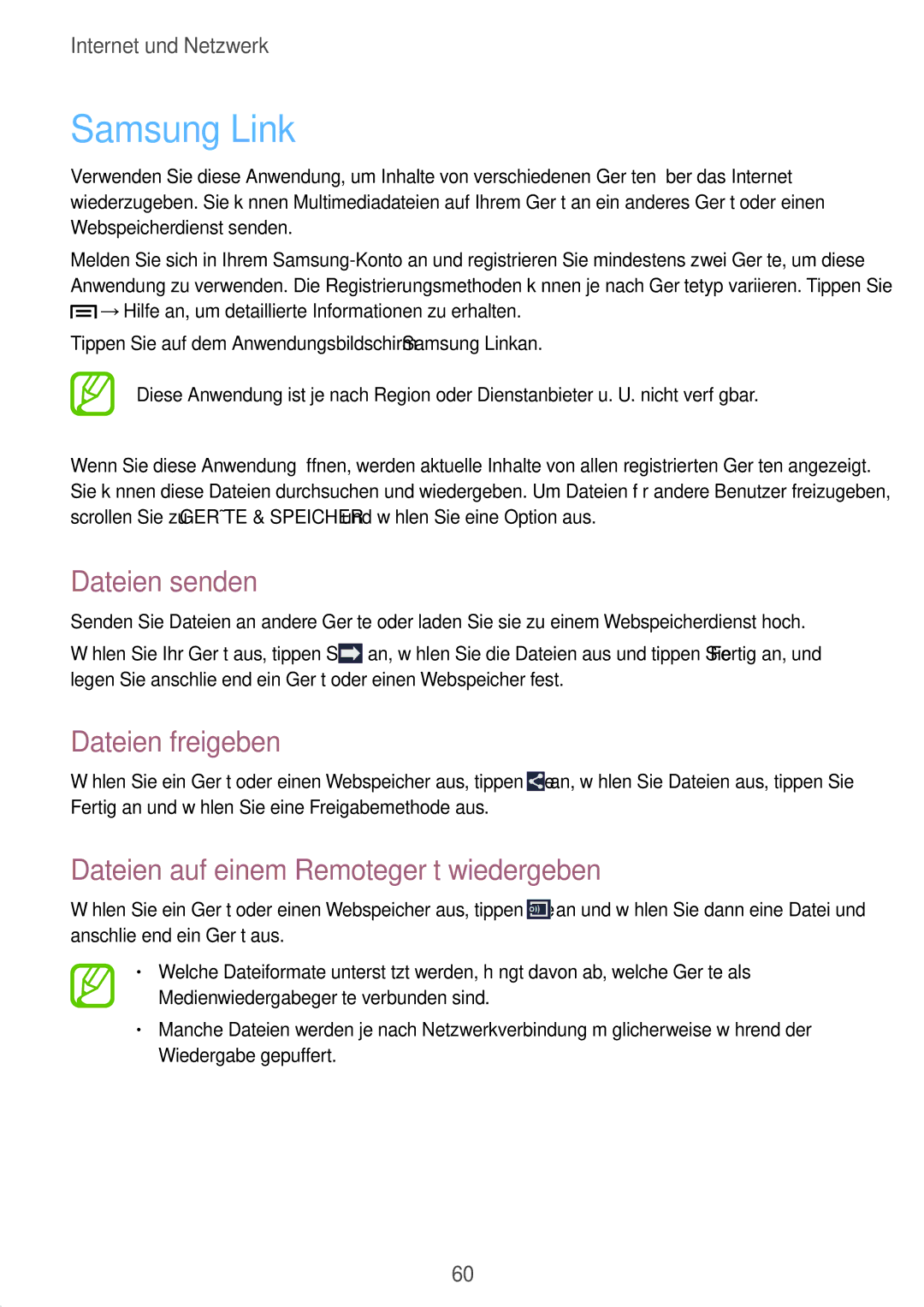 Samsung SM-T3150ZWAVD2 manual Samsung Link, Dateien senden, Dateien freigeben, Dateien auf einem Remotegerät wiedergeben 
