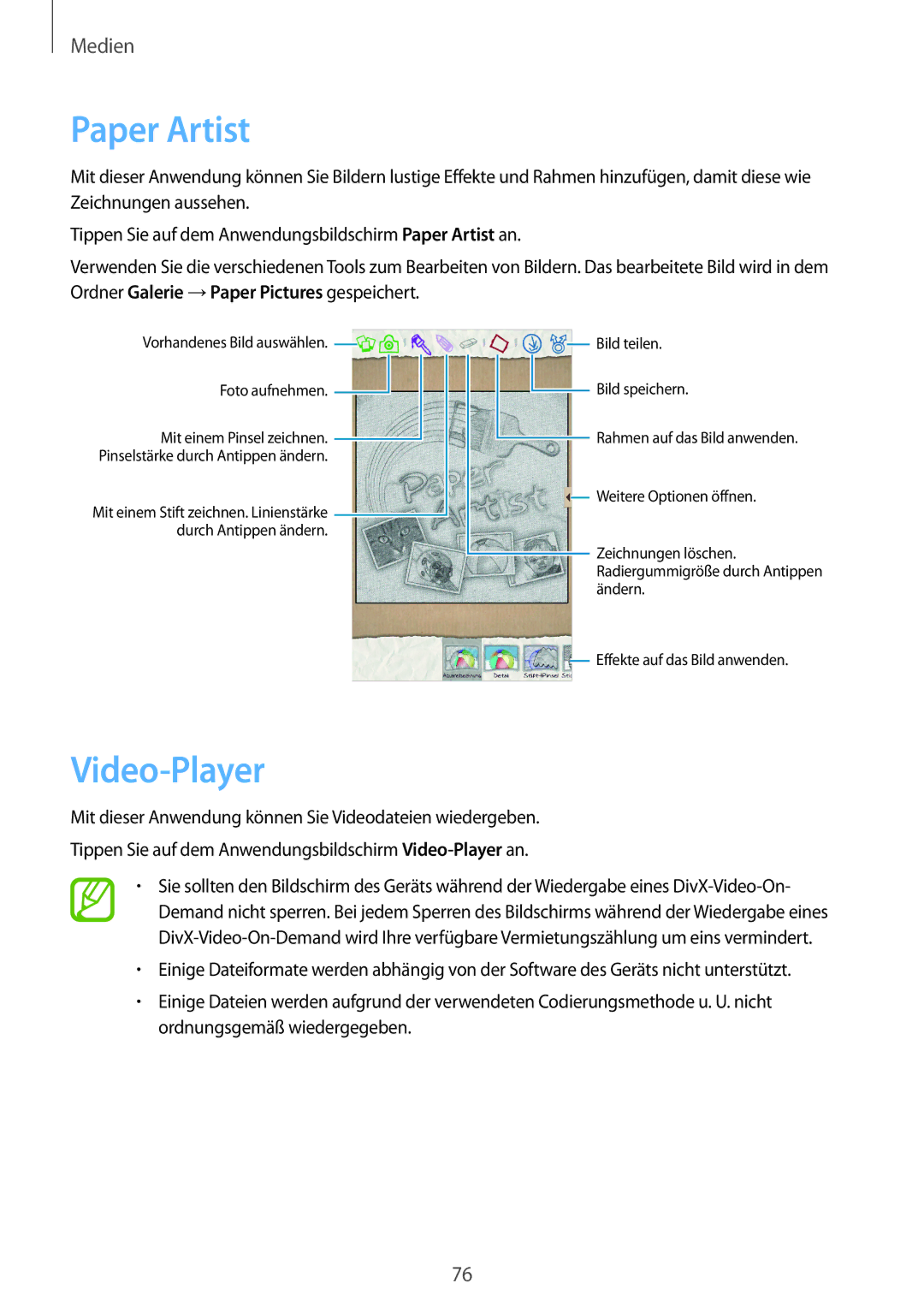 Samsung SM-T3150ZWADBT, SM-T3150ZWAVD2, SM-T3150ZWADTM, SM-T3150MKADBT, SM-T3150ZWABOG manual Paper Artist, Video-Player 
