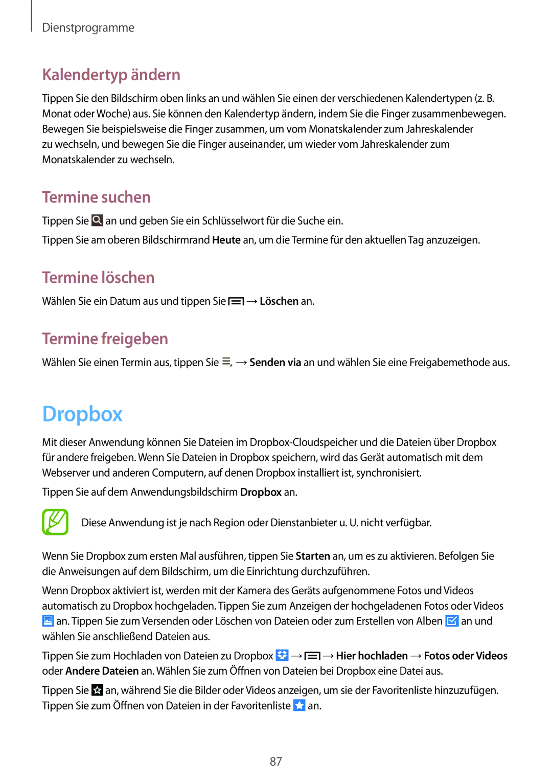 Samsung SM-T3150ZWADTM, SM-T3150ZWAVD2 Dropbox, Kalendertyp ändern, Termine suchen, Termine löschen, Termine freigeben 