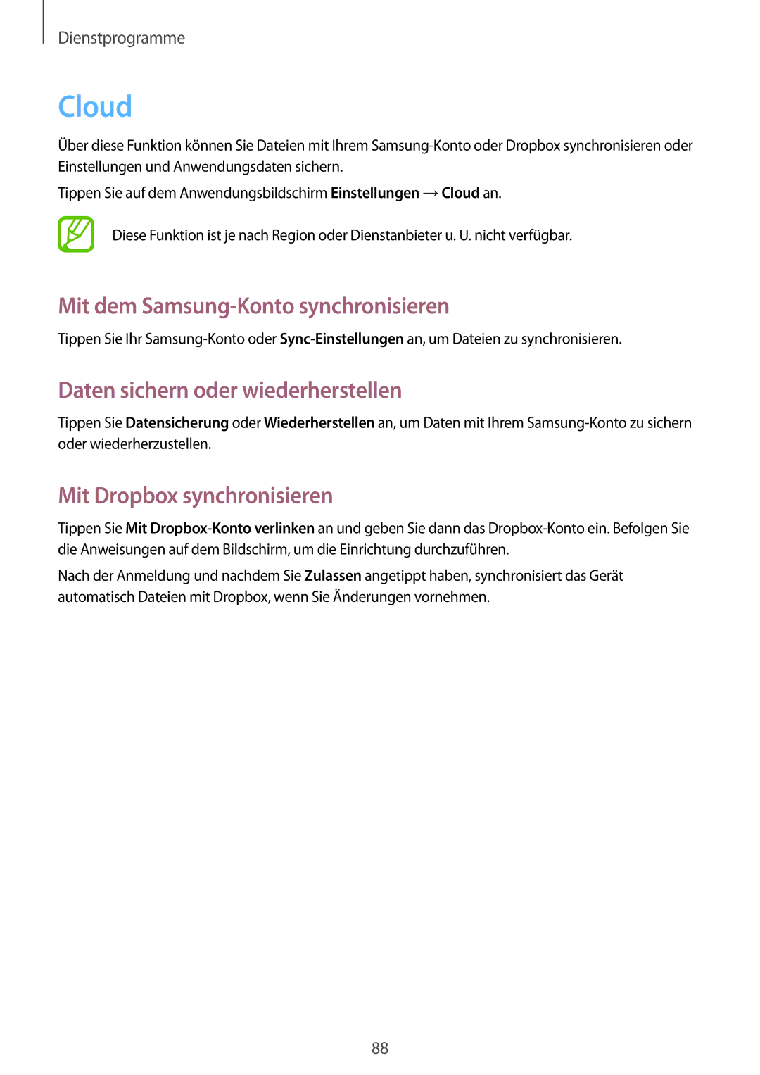 Samsung SM-T3150MKADBT, SM-T3150ZWAVD2 Cloud, Mit dem Samsung-Konto synchronisieren, Daten sichern oder wiederherstellen 