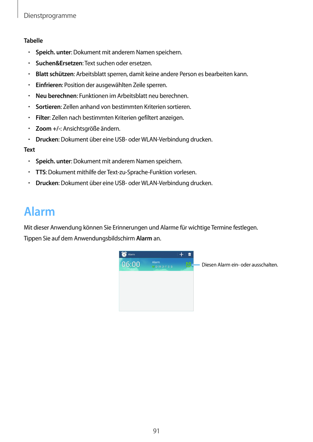 Samsung SM-T3150ZWADBT, SM-T3150ZWAVD2, SM-T3150ZWADTM, SM-T3150MKADBT, SM-T3150ZWABOG manual Alarm, Tabelle, Text 