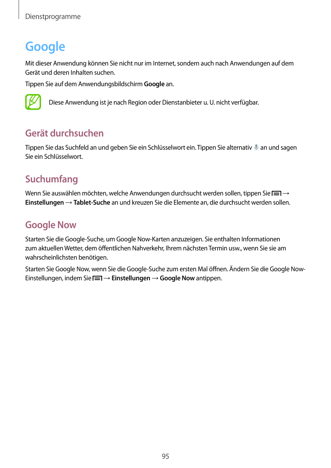 Samsung SM-T3150ZWAVD2, SM-T3150ZWADBT, SM-T3150ZWADTM, SM-T3150MKADBT manual Gerät durchsuchen, Suchumfang, Google Now 