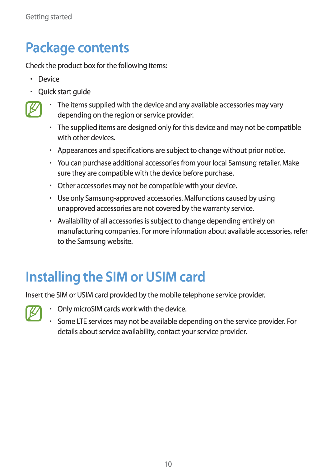 Samsung SM-T3150MKACRO, SM-T3150ZWAVD2, SM-T3150ZWADBT Package contents, Installing the SIM or USIM card, Getting started 