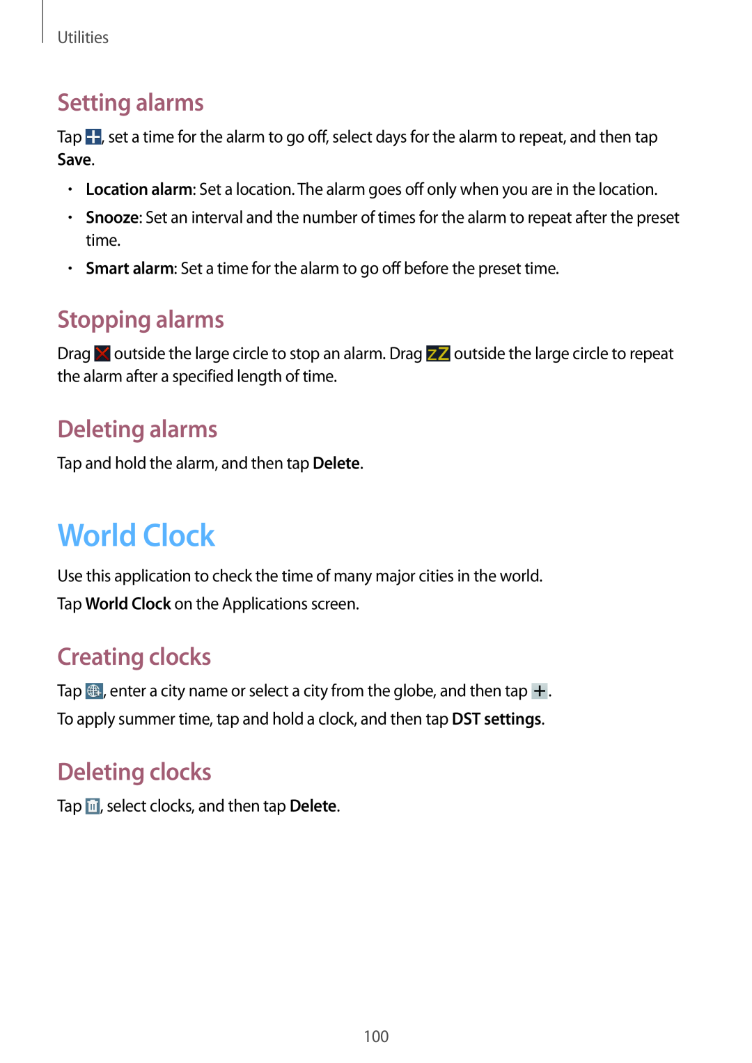 Samsung SM-T3150MKANEE World Clock, Setting alarms, Stopping alarms, Deleting alarms, Creating clocks, Deleting clocks 