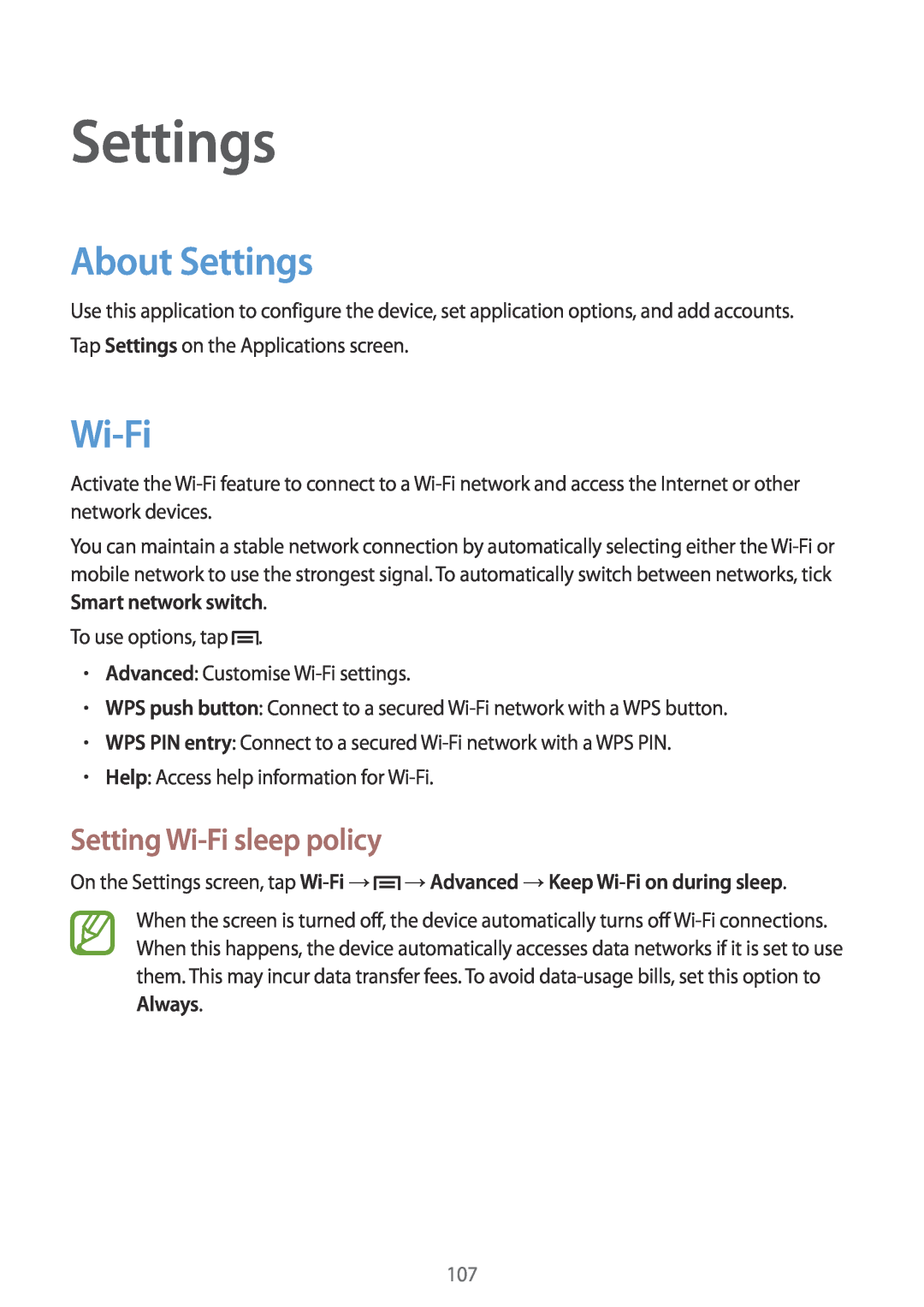 Samsung SM-T3150ZWAPAN, SM-T3150ZWAVD2, SM-T3150ZWADBT, SM-T3150ZWADTM About Settings, Setting Wi-Fi sleep policy 