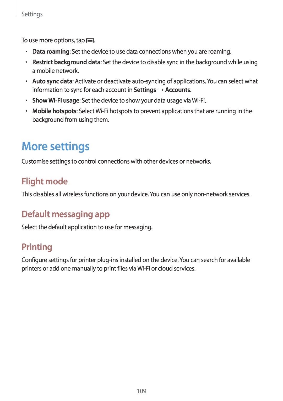 Samsung SM-T3150ZWADBT, SM-T3150ZWAVD2 manual More settings, Flight mode, Default messaging app, Printing, Settings 