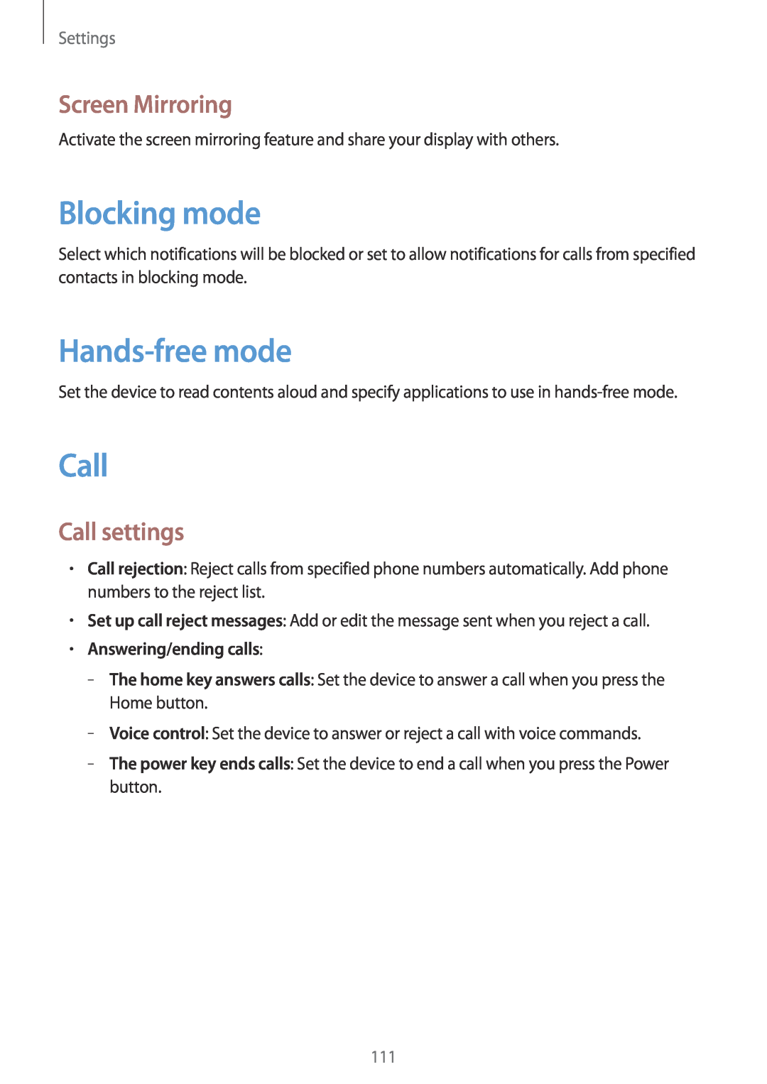 Samsung SM-T3150MKADBT manual Blocking mode, Hands-free mode, Screen Mirroring, Call settings, Answering/ending calls 