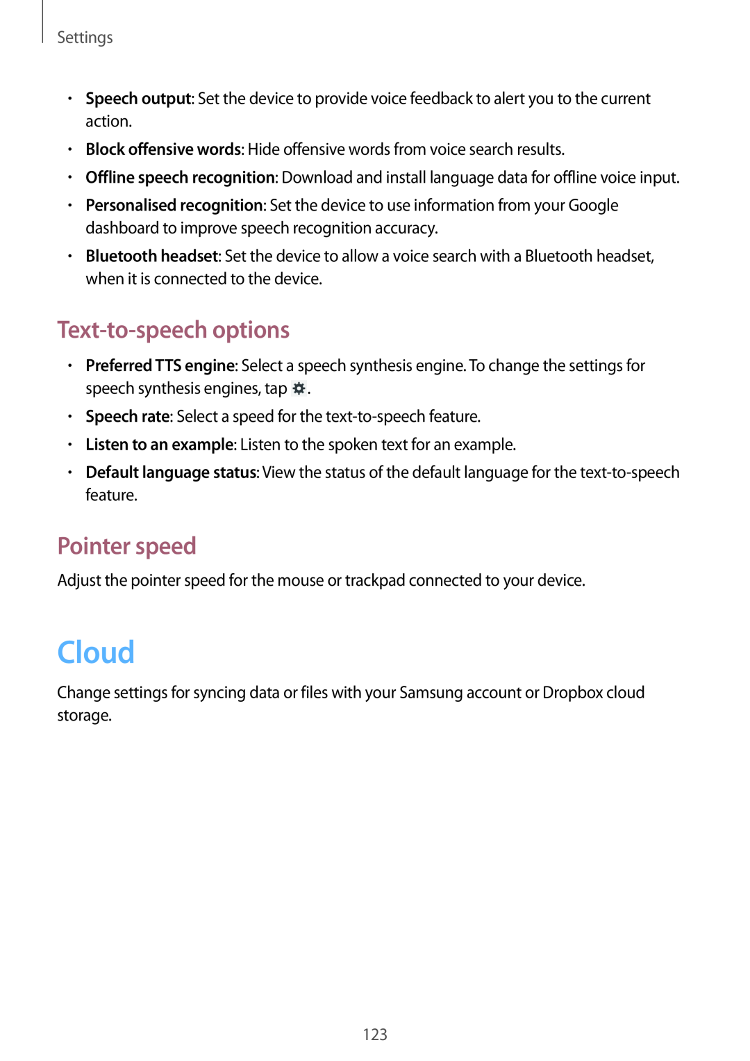 Samsung SM-T3150GNENEE, SM-T3150ZWAVD2, SM-T3150ZWADBT manual Text-to-speech options, Pointer speed, Cloud, Settings 